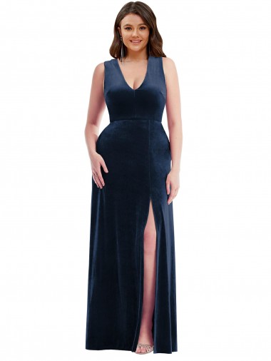 Stretch Velvet V-Neck Sheath Dark Navy Plus Size Formal Prom Dress Canada Factory