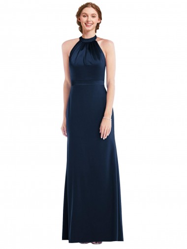 Stretch Crepe High Neck Open Back Trumpet Dark Navy Prom Dress Canada Factory