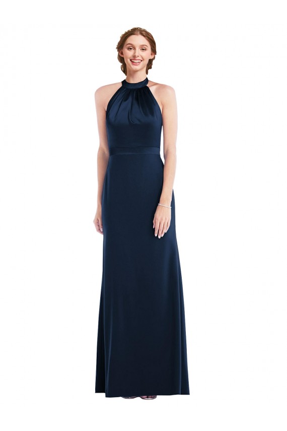 Stretch Crepe High Neck Open Back Trumpet Dark Navy Prom Dress Canada Factory