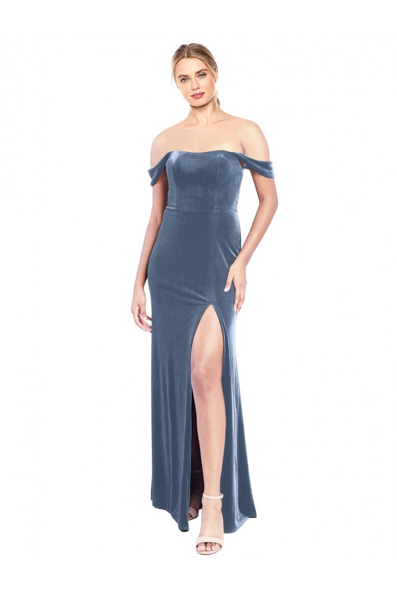 Stretch Velvet Strapless A-Line Dusty Blue Prom Dress Canada Factory