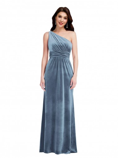 Stretch Velvet Off the Shoulder A-Line Dusty Blue Prom Dress Canada Factory