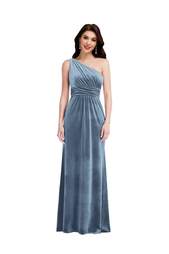 Stretch Velvet Off the Shoulder A-Line Dusty Blue Prom Dress Canada Factory