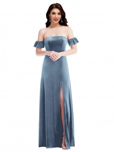 Stretch Velvet Off the Shoulder Low Back A-Line Dusty Blue Prom Dress Canada Factory