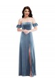 Stretch Velvet Off the Shoulder Low Back A-Line Dusty Blue Prom Dress Canada Factory