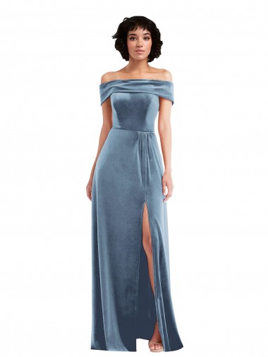 Stretch Velvet Off the Shoulder A-Line Dusty Blue Long Prom Dress Canada Factory