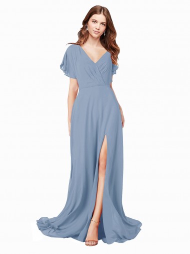 Soft Chiffon V-Neck A-Line Dusty Blue Black Tie Prom Dress Canada Factory