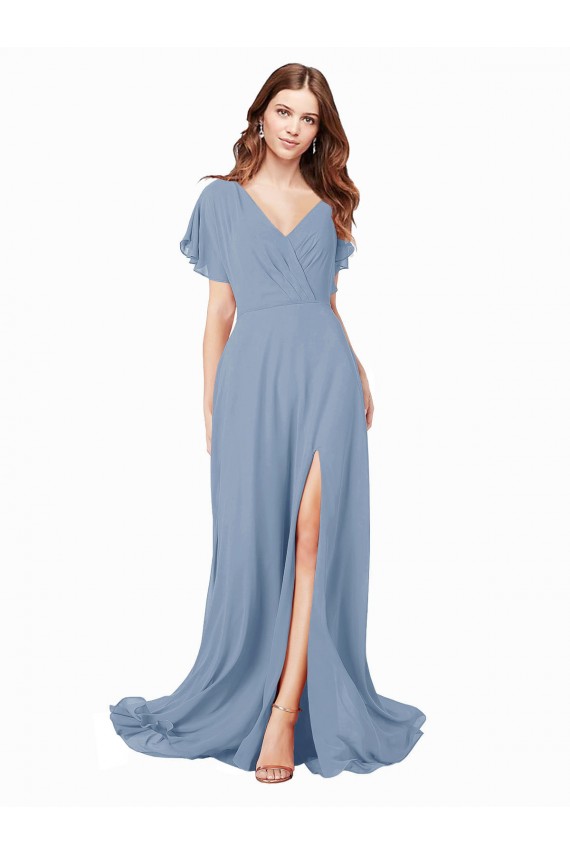 Soft Chiffon V-Neck A-Line Dusty Blue Black Tie Prom Dress Canada Factory