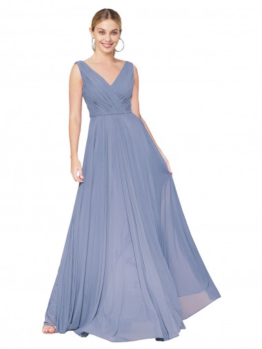 Soft Chiffon High Neck V-Back A-Line Dusty Blue Prom Dress Canada Factory