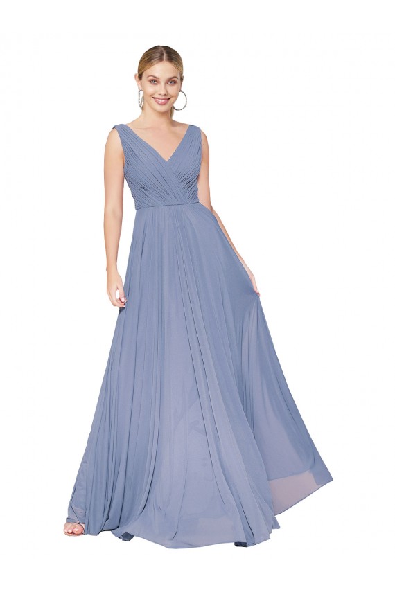 Soft Chiffon High Neck V-Back A-Line Dusty Blue Prom Dress Canada Factory