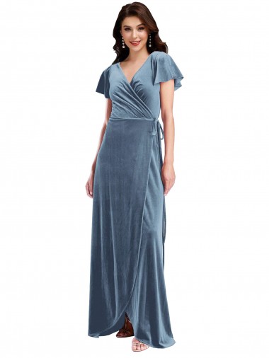 Stretch Velvet V-Neck A-Line Dusty Blue Black Tie Prom Dress Canada Factory