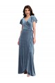Stretch Velvet V-Neck A-Line Dusty Blue Black Tie Prom Dress Canada Factory