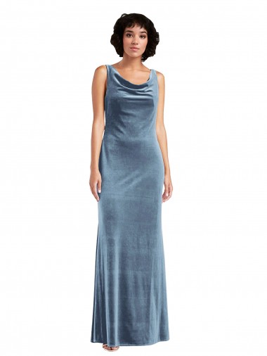 Stretch Velvet Cowl Neck V-Back Sheath Dusty Blue Prom Dress Canada Factory