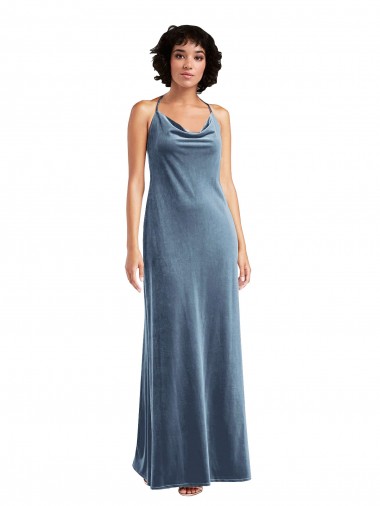 Stretch Velvet Cowl Neck V-Back Sheath Dusty Blue Long Prom Dress Canada Factory