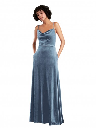 Stretch Velvet Cowl Neck Open Back Sheath Dusty Blue Prom Dress Canada Factory