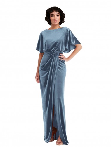 Stretch Velvet Open Back Sheath Dusty Blue Prom Dress Canada Factory