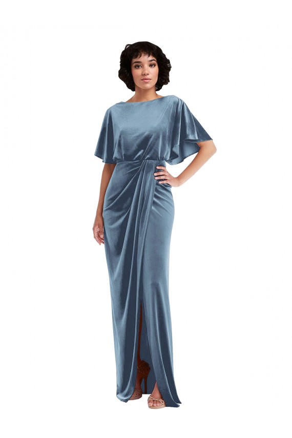 Stretch Velvet Open Back Sheath Dusty Blue Prom Dress Canada Factory