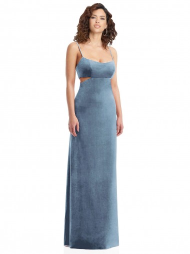 Stretch Velvet Square Neck Low Back Sheath Dusty Blue Prom Dress Canada Factory