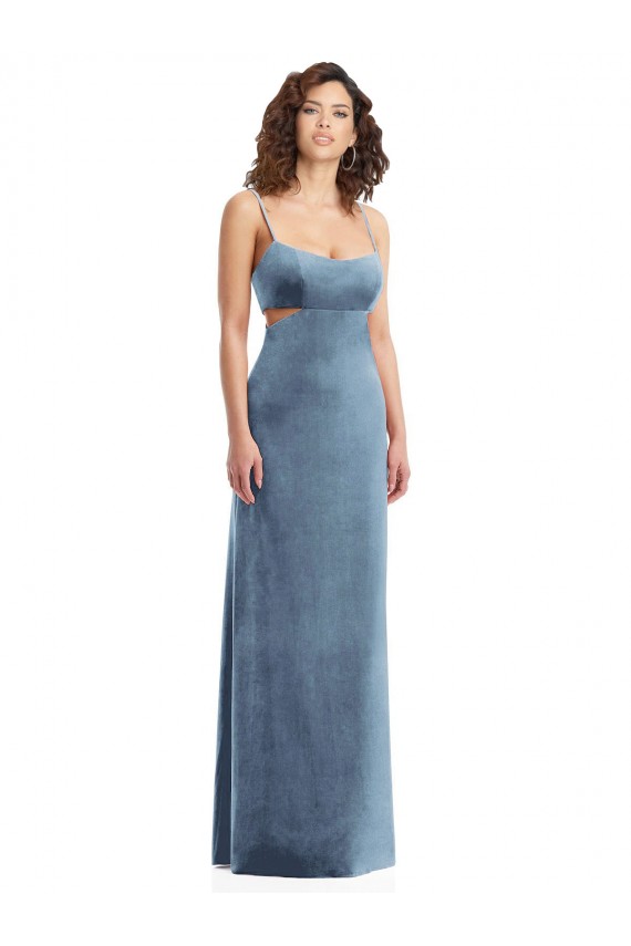 Stretch Velvet Square Neck Low Back Sheath Dusty Blue Prom Dress Canada Factory
