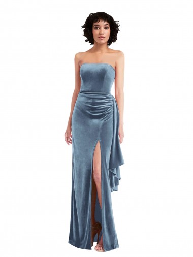 Stretch Velvet Strapless Low Back Sheath Dusty Blue Prom Dress Canada Factory