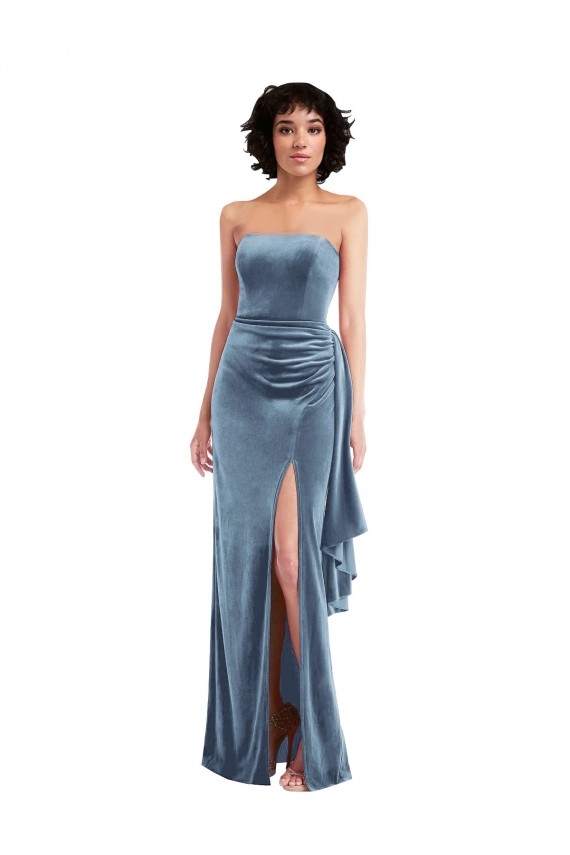 Stretch Velvet Strapless Low Back Sheath Dusty Blue Prom Dress Canada Factory