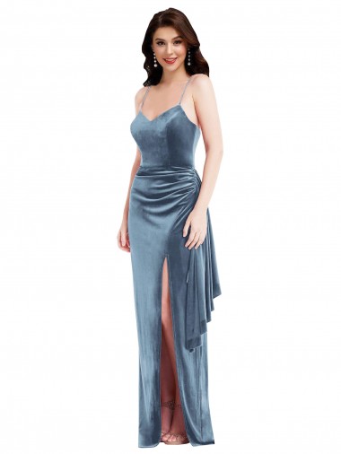 Stretch Velvet Sweetheart Low Back Trumpet Dusty Blue Prom Dress Canada Factory