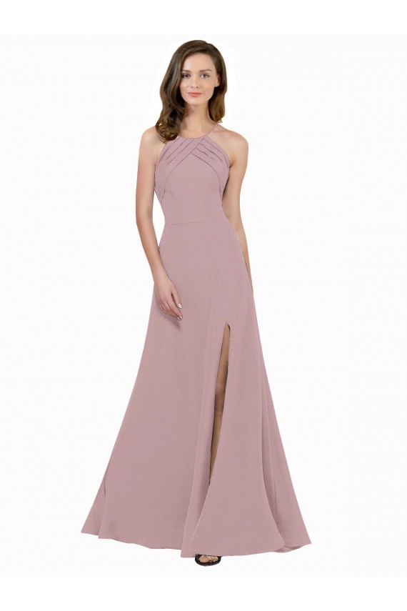 Stretch Crepe High Neck Keyhole Back A-Line Dusty Pink Prom Dress Canada Factory