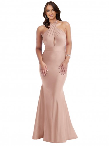 Silky Satin Halter Neck Open Back Mermaid Dusty Pink Plus Size Formal Prom Dress Canada Factory