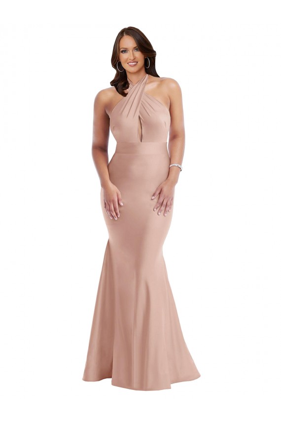 Silky Satin Halter Neck Open Back Mermaid Dusty Pink Plus Size Formal Prom Dress Canada Factory