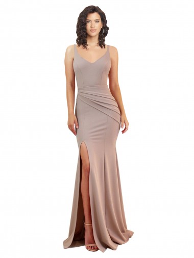 Stretch Crepe V-Neck Low Back Mermaid Dusty Pink Black Tie Prom Dress Canada Factory