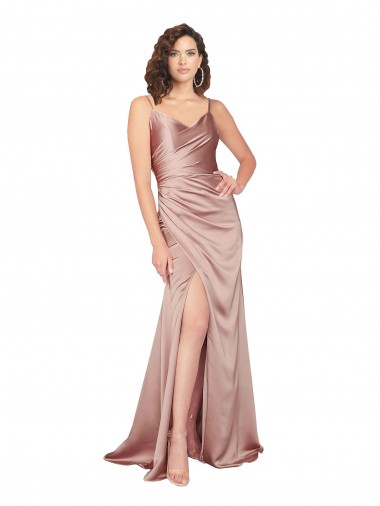 Silky Satin V-Neck V-Back Sheath Dusty Pink Black Tie Prom Dress Canada Factory