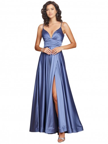 Silky Satin Sweetheart Low Back A-Line French Blue Black Tie Prom Dress Canada Factory