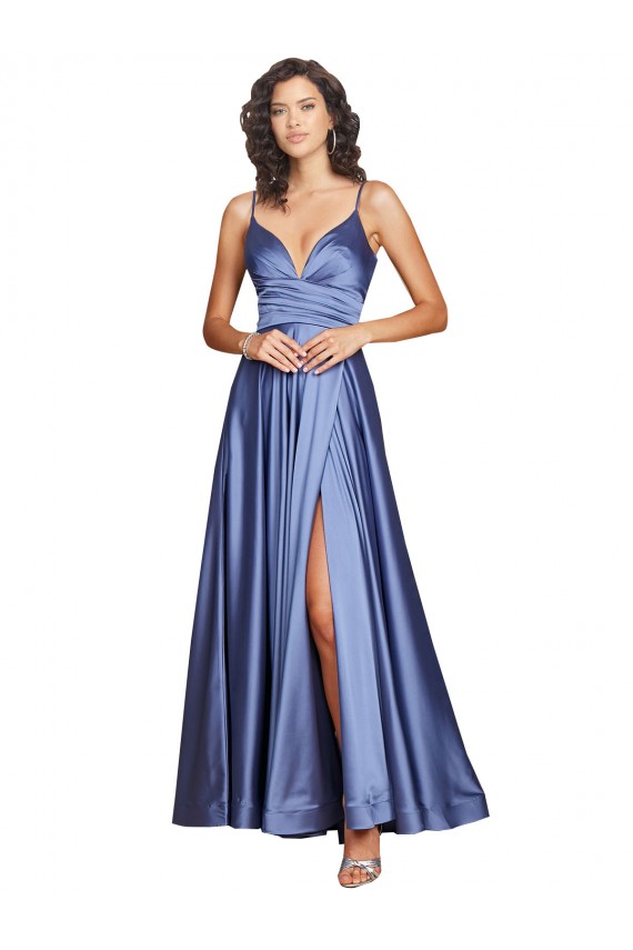 Silky Satin Sweetheart Low Back A-Line French Blue Black Tie Prom Dress Canada Factory