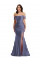 Silky Satin Off the Shoulder Low Back Mermaid French Blue Black Tie Plus Size Prom Dress Canada Factory