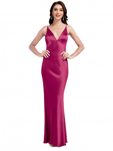 Stretch Satin V-Neck Low Back A-Line Fuchsia Prom Dress Canada Factory