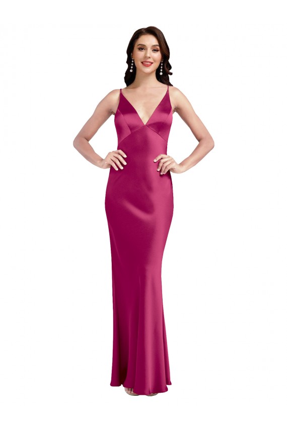 Stretch Satin V-Neck Low Back A-Line Fuchsia Prom Dress Canada Factory