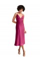 Stretch Satin V-Neck Low Back A-Line Fuchsia Midi Length Prom Dress Canada Factory
