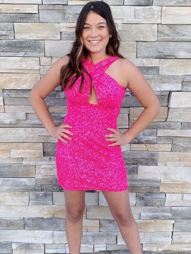 Velvet Sequin Halter Neck Sheath Fuchsia Homecoming Dress Canada Factory