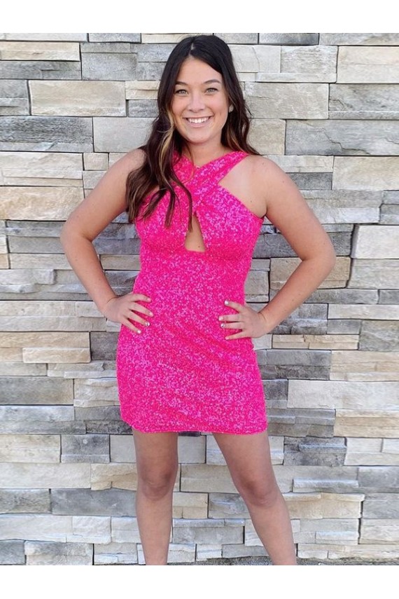 Velvet Sequin Halter Neck Sheath Fuchsia Homecoming Dress Canada Factory