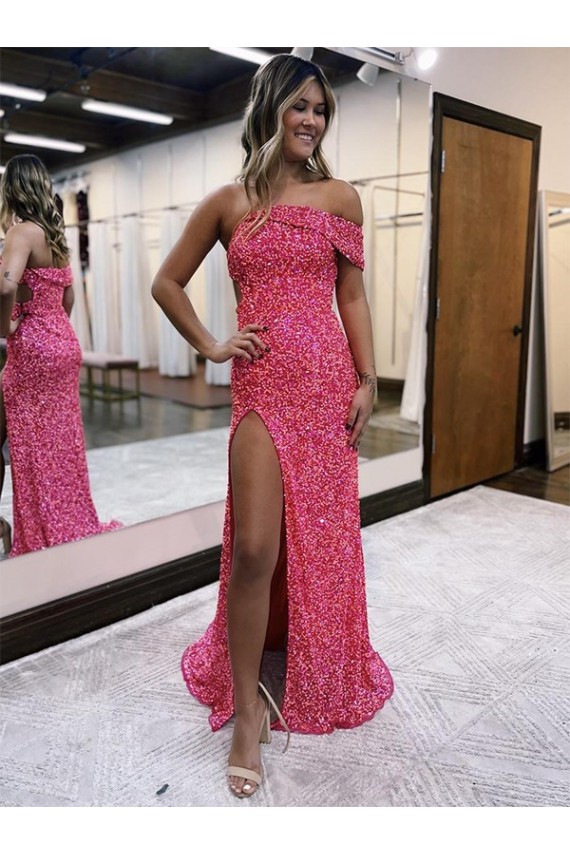 Velvet Sequin One Shoulder Sheath Fuchsia Evening Gown Canada Factory