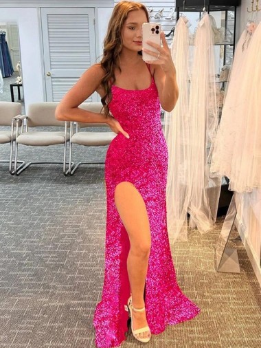 Velvet Sequin Spaghetti Straps Sheath Fuchsia Sweep Train Prom Dress Canada Factory