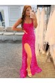 Velvet Sequin Spaghetti Straps Sheath Fuchsia Sweep Train Prom Dress Canada Factory