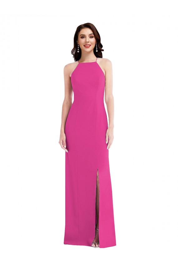Stretch Crepe High Neck Open Back Trumpet Fuchsia Prom Dress Canada Factory