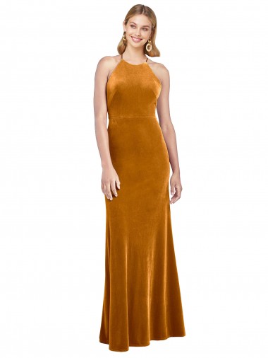 Stretch Velvet High Neck Open Back A-Line Gold Prom Dress Canada Factory