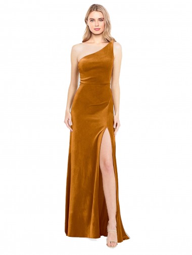 Stretch Velvet One Shoulder A-Line Gold Prom Dress Canada Factory