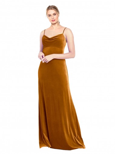 Stretch Velvet Cowl Neck A-Line Gold Prom Dress Canada Factory