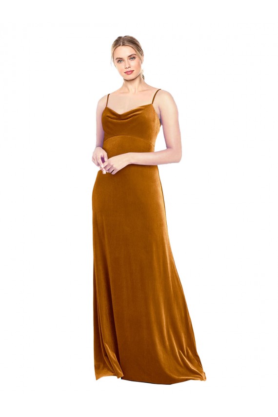 Stretch Velvet Cowl Neck A-Line Gold Prom Dress Canada Factory
