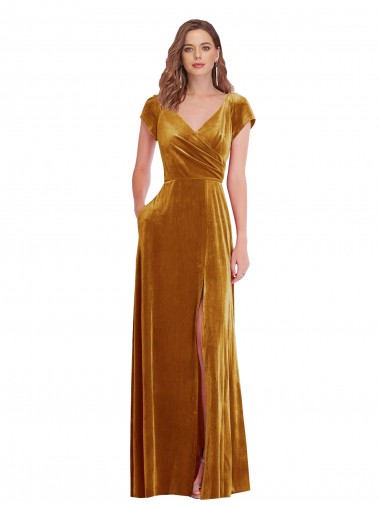 Stretch Velvet V-Neck Sheath Gold Prom Dress Canada Factory