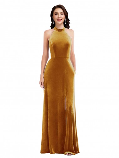 Stretch Velvet High Neck Keyhole Back Trumpet Gold Prom Dress Canada Factory