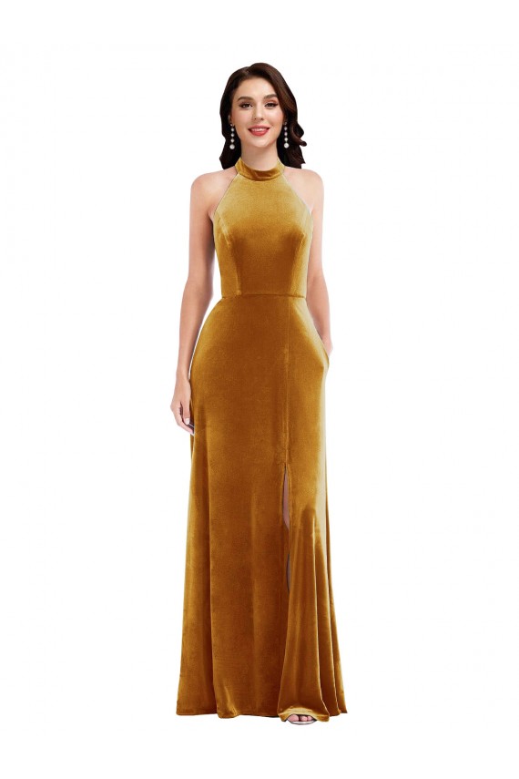 Stretch Velvet High Neck Keyhole Back Trumpet Gold Prom Dress Canada Factory