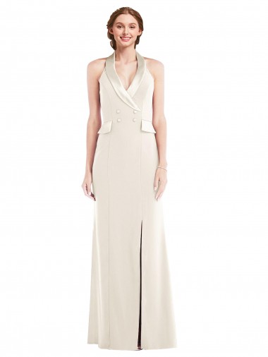Stretch Crepe Halter Neck Low Back Trumpet Ivory Prom Dress Canada Factory